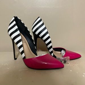 Pink black, and white striped shoe dazzle heels only worn once.